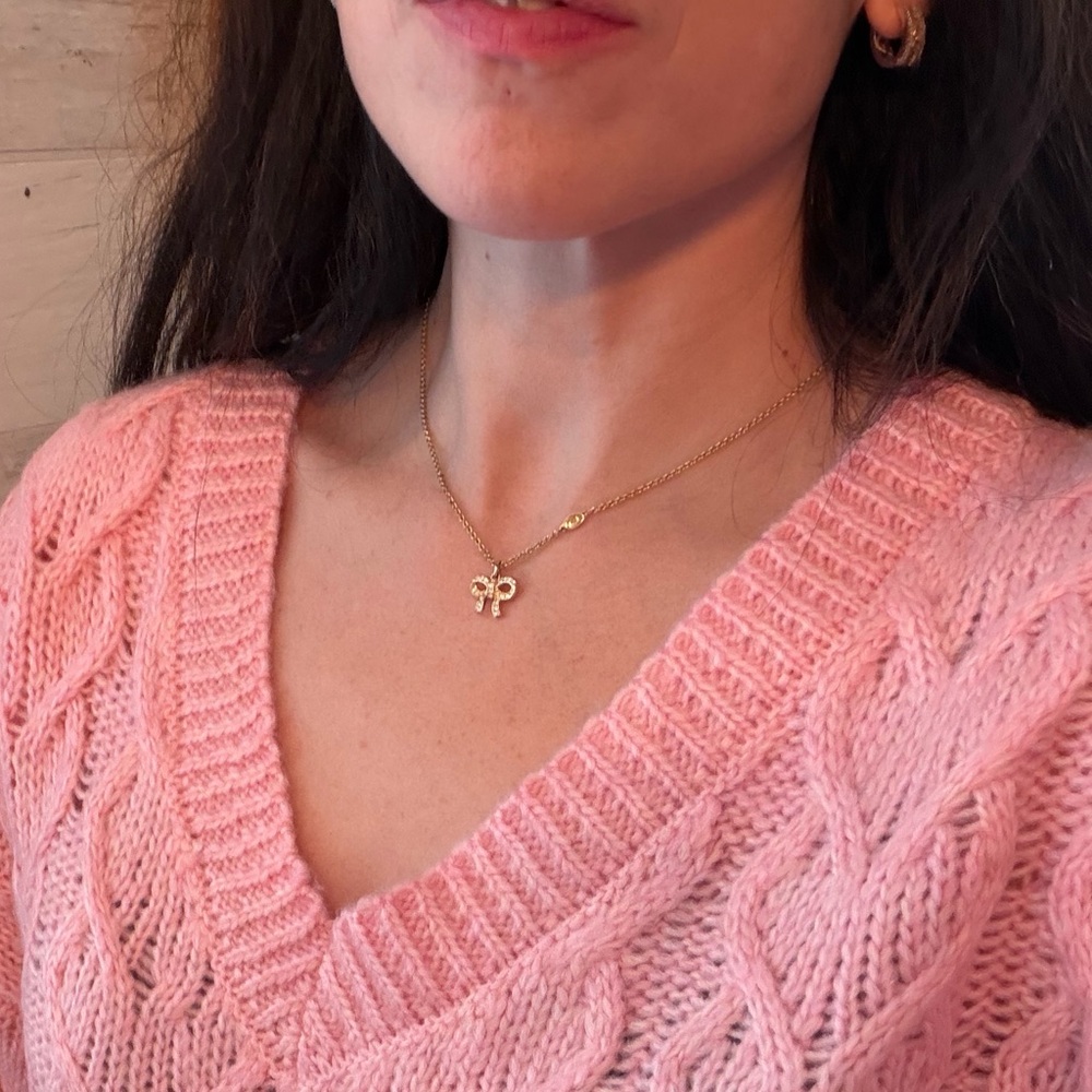 Coach Gold-Tone Crystal Bow Necklace with Legacy Striped Pouch and Coach Logo - Picture 2 of 7